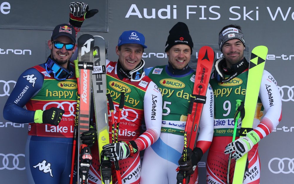 Dominik Paris, Matthias Mayer, Mauro Caviezel und Vincent Kriechmayr (v.l.) freuen sich über die Podstplätze. – Foto: GEPA pictures