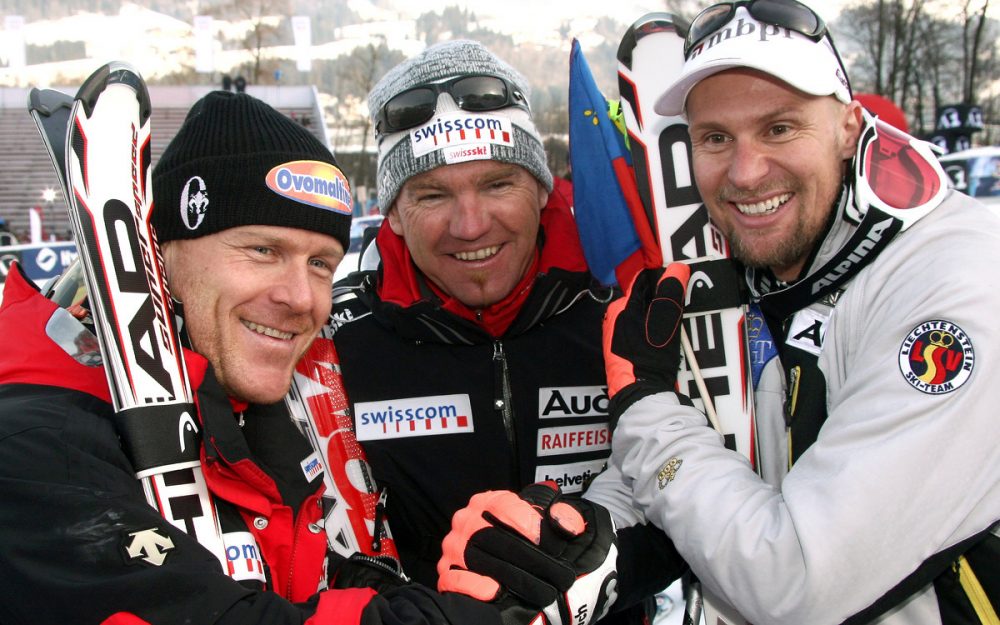 Januar 2008: Martin Rufener (Mitte) mit Didier Cuche (links) und Marco Büchel (rechts). – Foto: GEPA pictures