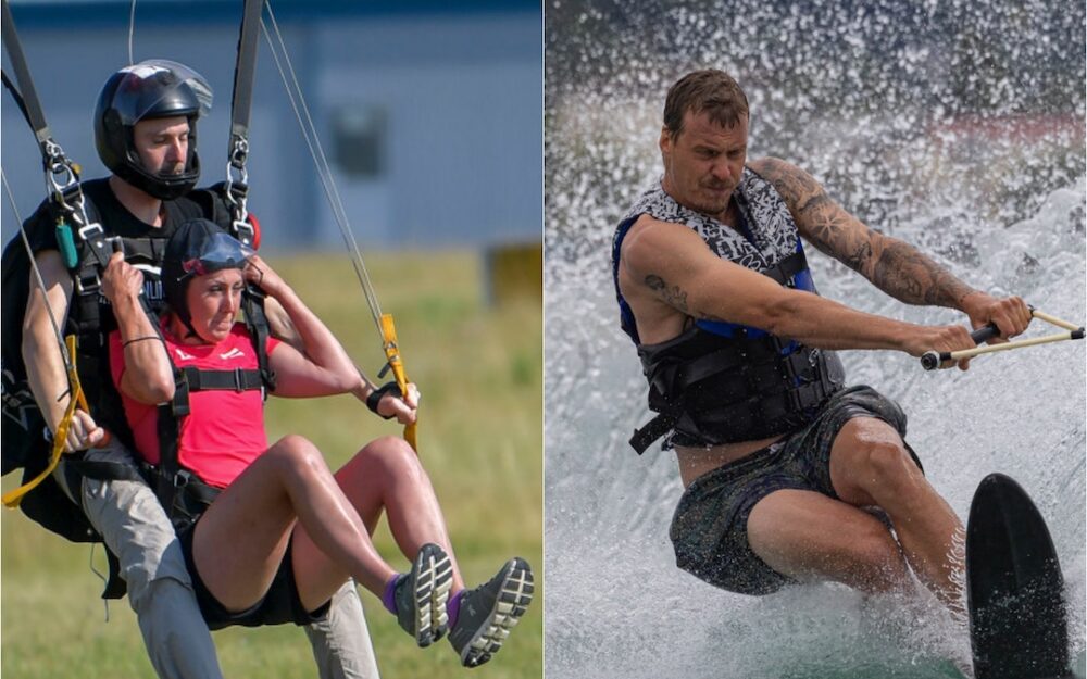 Cornelia Hütter (beim Fallschirmspringen) und Manuel Feller (beim Wasserski) haben die Chancen auf eine Auszeichnung. – Fotos: GEPA pictures