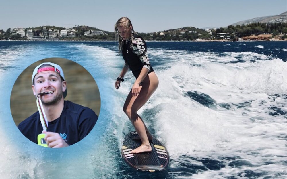 Christina Födermayr (beim Surfen in Vouliagmeni) und AJ Ginnis (kleines Bild) haben sich gefunden. – Foto: GEPA pictures / Instagramm Foedermayr